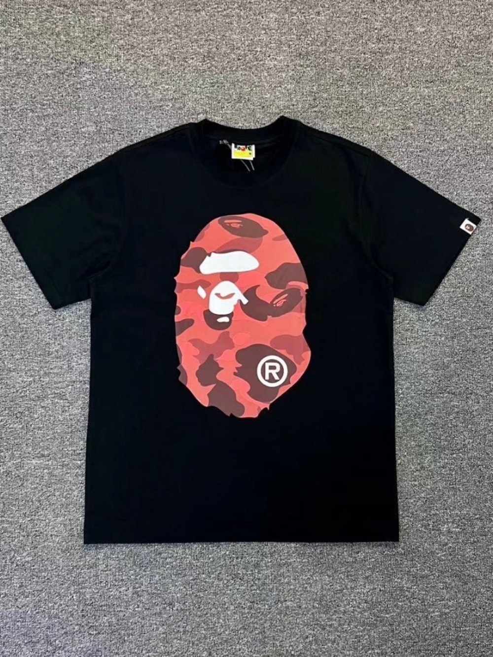 Bape Black Short Sleeve Tee with Red Camo Ape Head